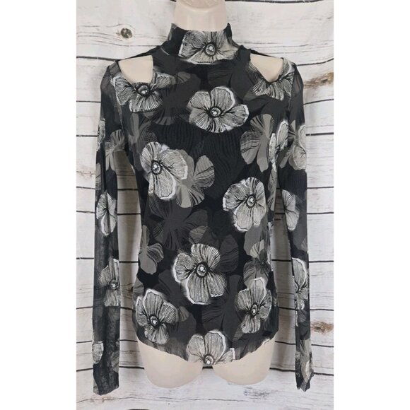 Fuzzi Jean Paul Gaultier Floral Mesh Top L Black Cut Outs Mock Neck Long Sleeve - Picture 1 of 6